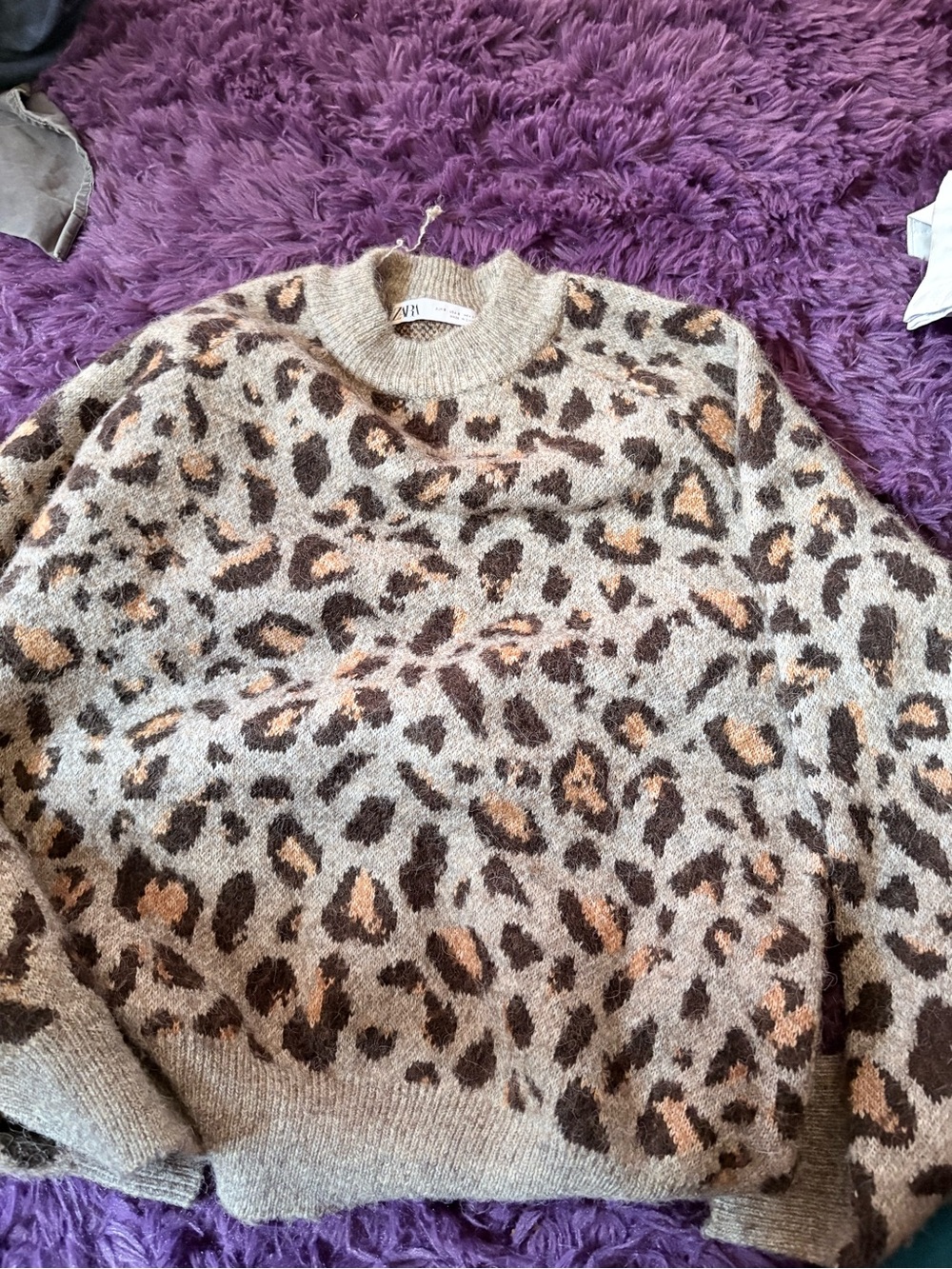 Zara Taupe, Brown & Camel Leopard Print Crewneck Sweater
